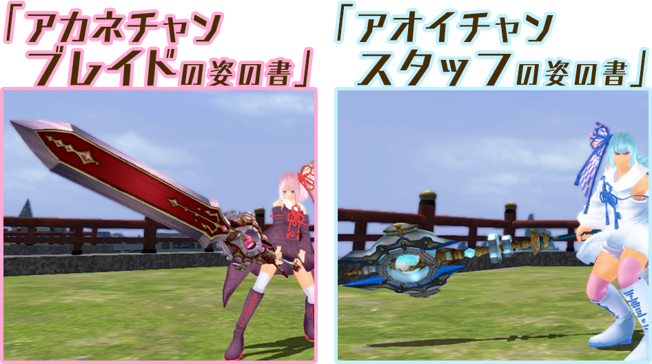 「アカネチャンブレイドの姿の書」
「アオイチャンスタッフの姿の書」